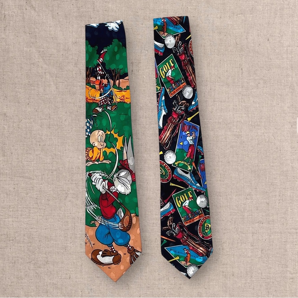 Vintage Novelty Tie Lot Cartoon Golf Bugs Bunny Looney Tunes Retro Ties